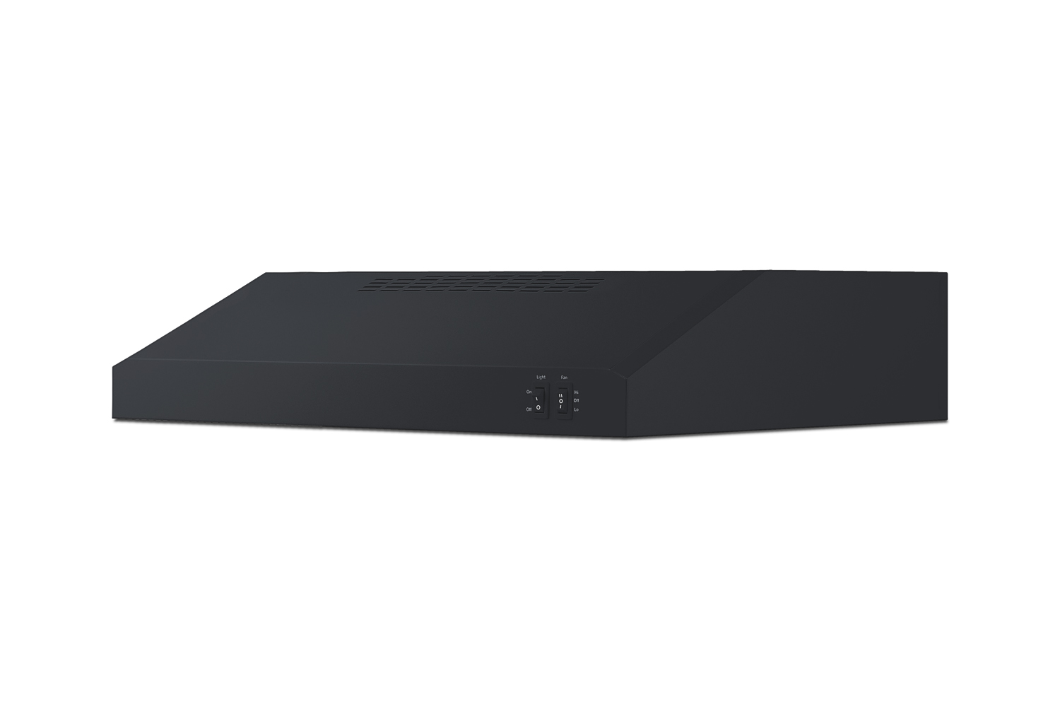 24 inch wide ADA compliant under cabinet convertible range hood for ducted or ductless use in black, made in North America with a remote wall switch